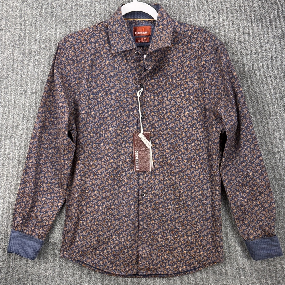 Consequence Men's Slim Fit Small Navy and Paisley Button-Down Shirt